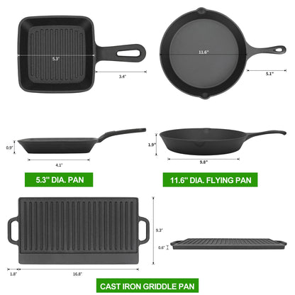 8 Piece Pre-Seasoned Dutch Oven Cooking Set Cast Iron Camping Kitchen Cookware Bakeware Skillets & Square Grill Pan w/Vintage Carrying Wood Box for Ourdoor Home BBQ Baking