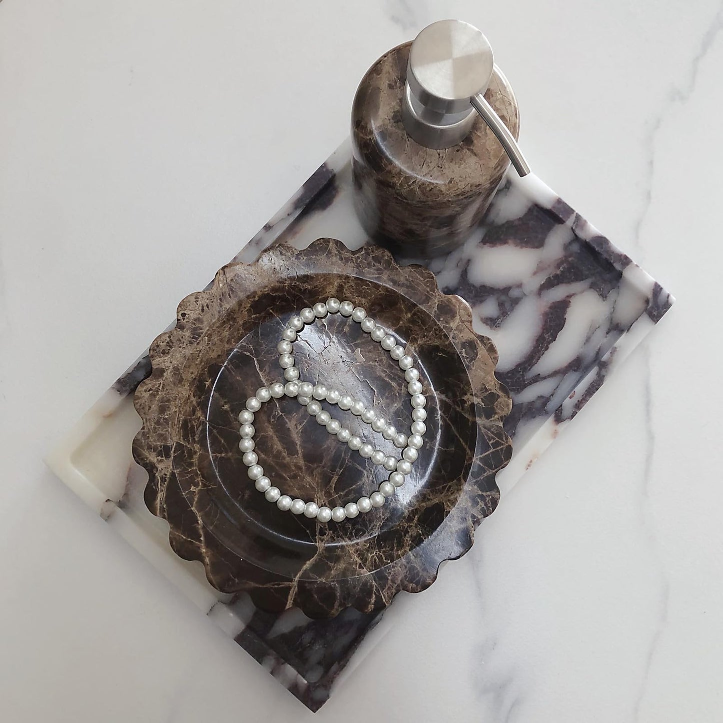SAIDKOCC Marble Tray Round Scalloped Tray Small Serving Platter for Counter, Bathroom, Kitchen, Nightstand, Jewelry Ring Dish Holder (Coffee Net)