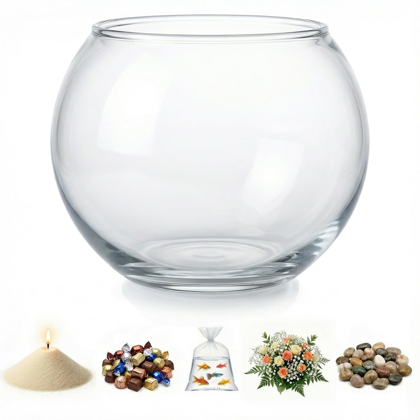 Glass Fish Bowl, Decorative Glass Bowl, Round Vase for Flowers and Decoration, Bowl for Sand Candles, Terrarium Bowl, Sphere Vase (5.7x4.5 inches)