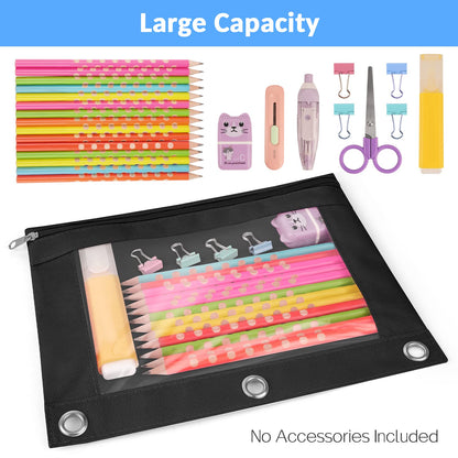 Sooez Pencil Pouch for 3 Ring Binder, 2 Pack Binder Pencil Pouch with Clear Window Pencil Bags with Zipper & Reinforced Grommets, Pencil Case for Binder Black & Black