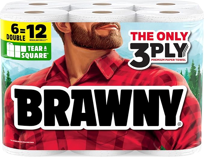 Brawny Tear-A-Square 3-Ply Paper Towels, 6 Double Rolls = 12 Regular Rolls
