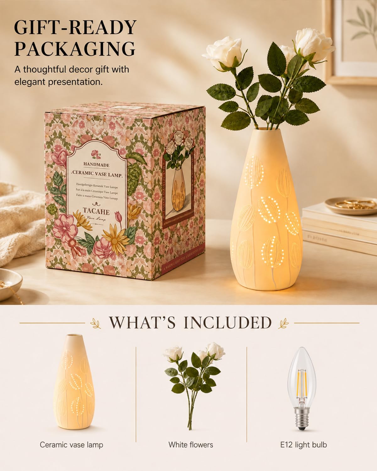 TACAHE Ceramic Vase Table Lamp, 2700K Bulb & 3 Artificial Flowers Included, E12 Socket, Inline Switch, Handmade Openwork Craft, Ambient Light for Living Room Bedroom - Tulip 11"