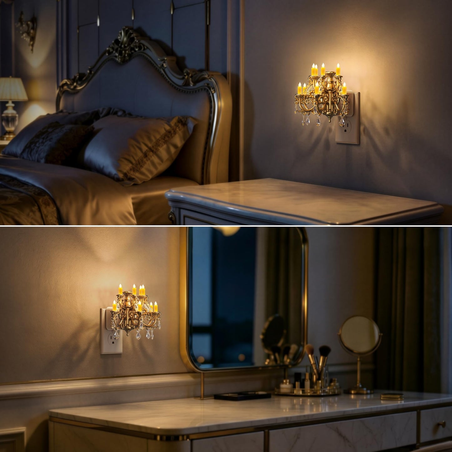Briignite LED Night Lights Plug into Wall, Chandelier Night Light with Dusk to Dawn Light Sensor, Dimmable Golden Nightlight Plug in, 3000K Soft White for Bathroom Bedroom Hallway Kitchen