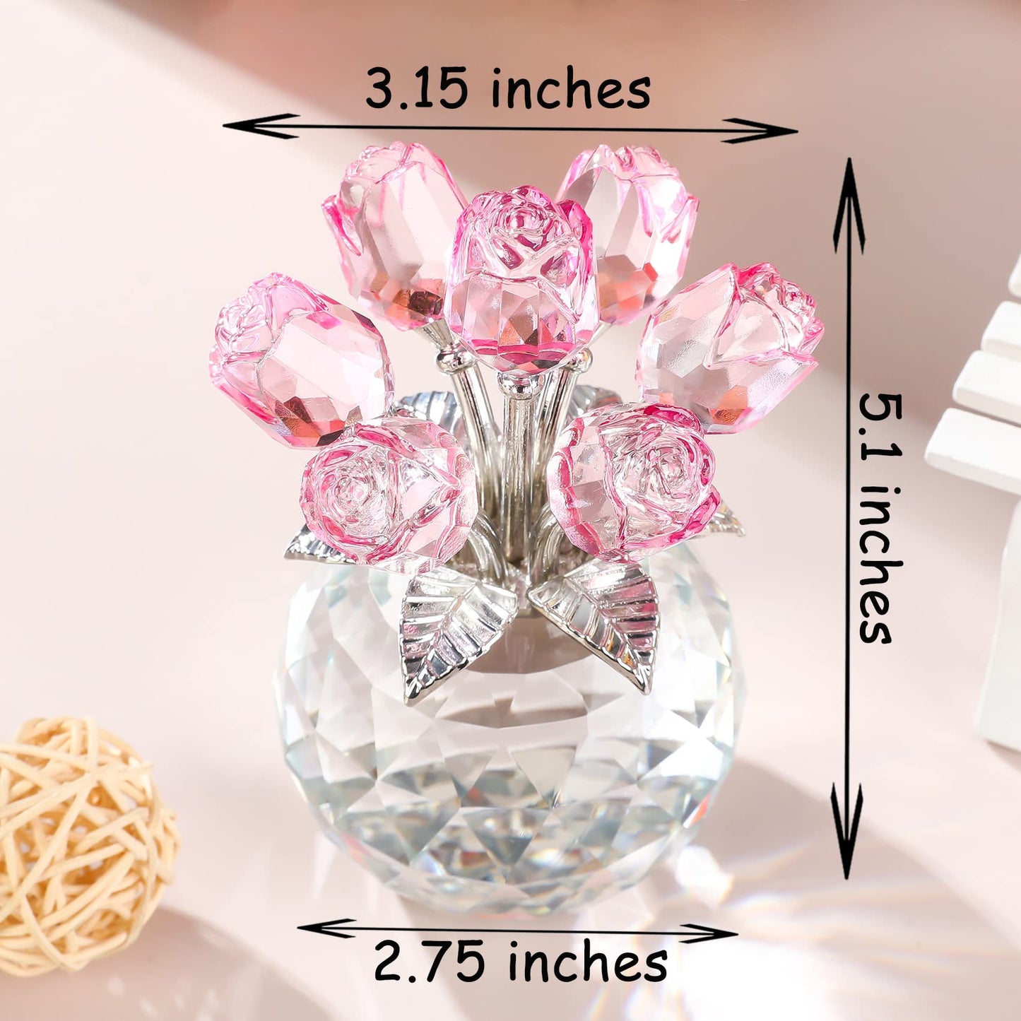 Movdyka Pink Rose Flower Crystal Figurine with Vase, Bouquet Flowers Ornament Gifts for Wife Girlfriend Women, Handmade Crystal Flower Collectible Home Table Decor for Wedding Anniversary