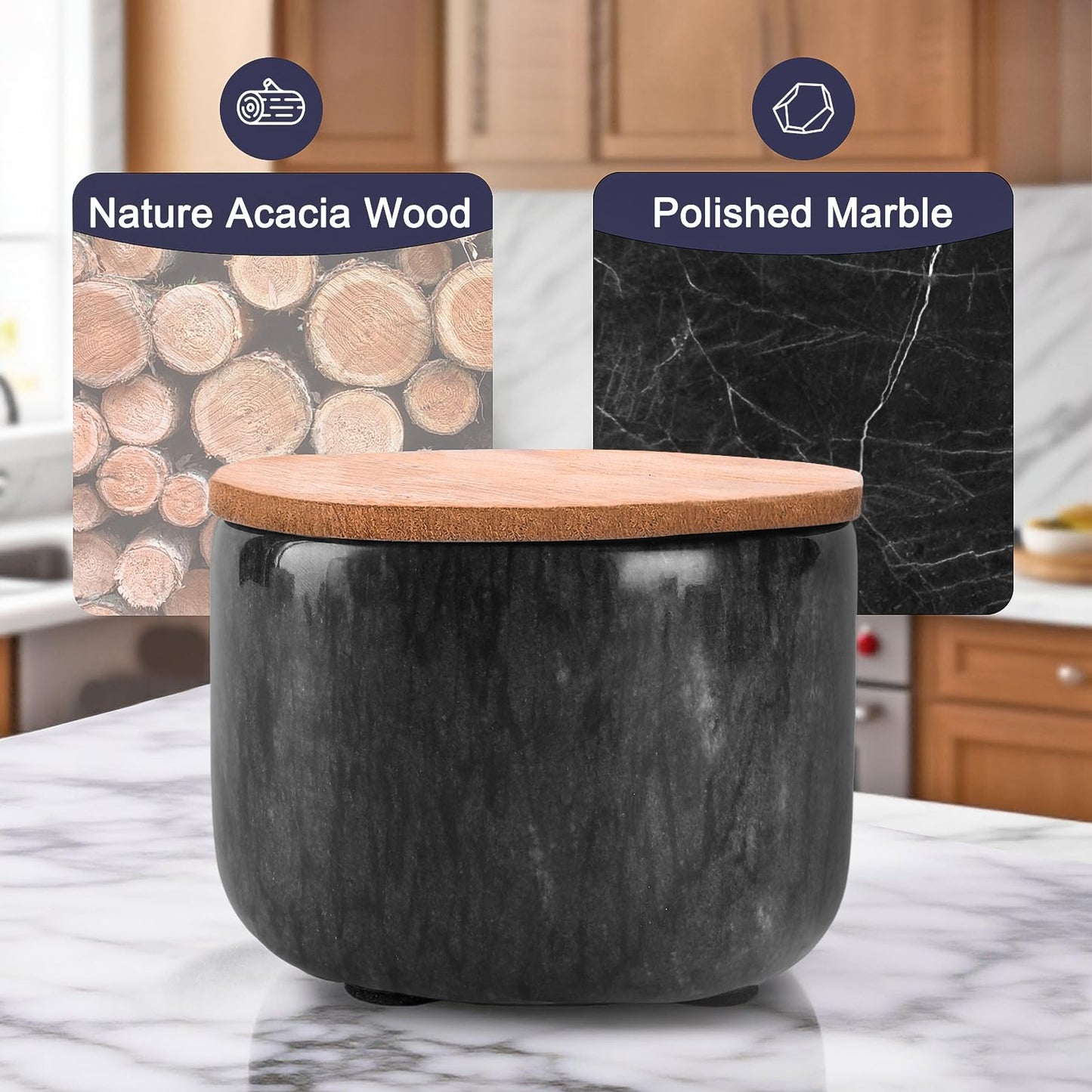 RAETTER.LY Salt and Pepper Bowl, Marble Salt Cellar and Spices Storage Container With Built-in Spoon and Acacia Wood Lid - 6.5oz Capacity (Black)