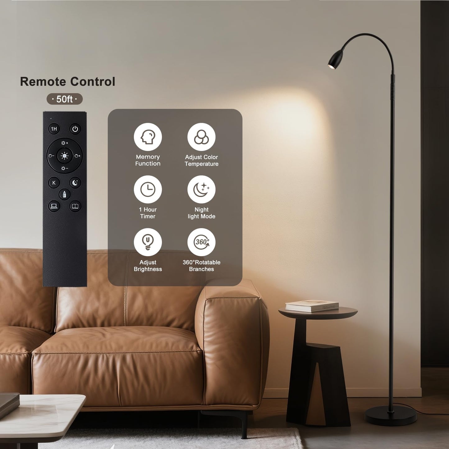 Radiovix Reading Floor Lamp, Dimmable LED Floor Lamp with Remote, Standing Lamp with Flexible Gooseneck, Zoomable Spotlight, Reading Light, Task Crafting Tall Lamps for Living Room Office Bedroom