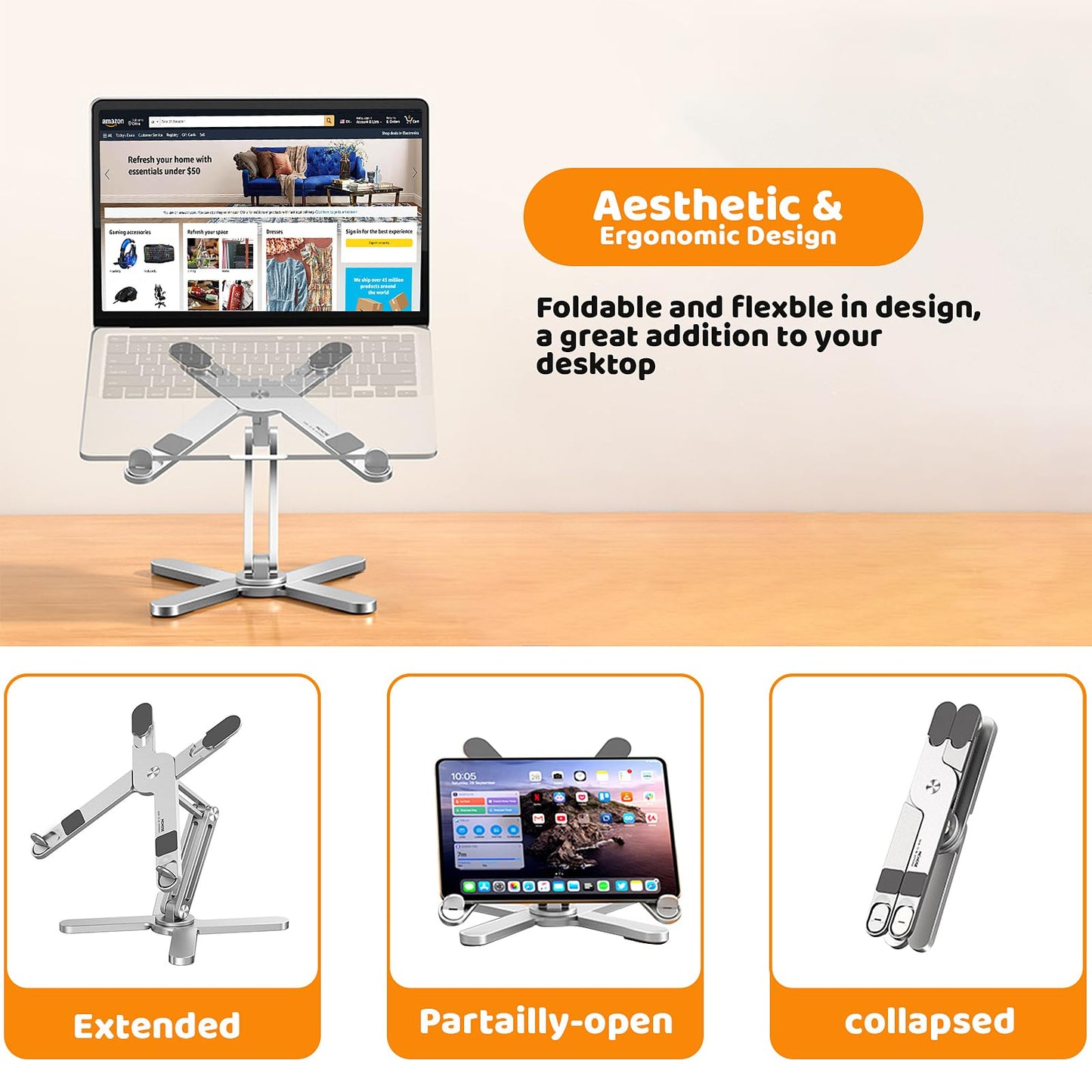 Moallia Laptop Stand with 360 Rotating Base, Computer Notebook Laptop Riser Metal Holder for Desk Collaborative Work, Fully Foldable for Easy Storage, Fits All MacBook, Laptops up to 16 inches