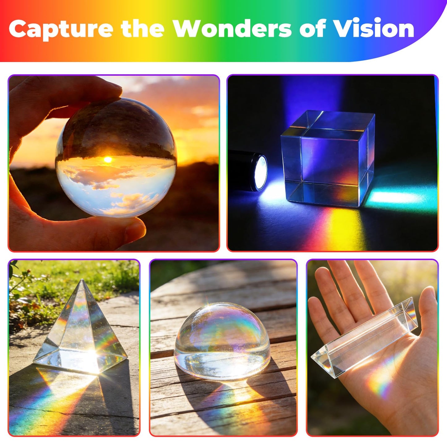 7 Pack K9 Optical Crystal Photography Prism Set, Include 1-4in Triangular Prism, 2in Crystal Glass Prism Cube, 2in Crystal Ball, 2in Dome Magnifier, Light Prism for Physics Teaching Photography Play