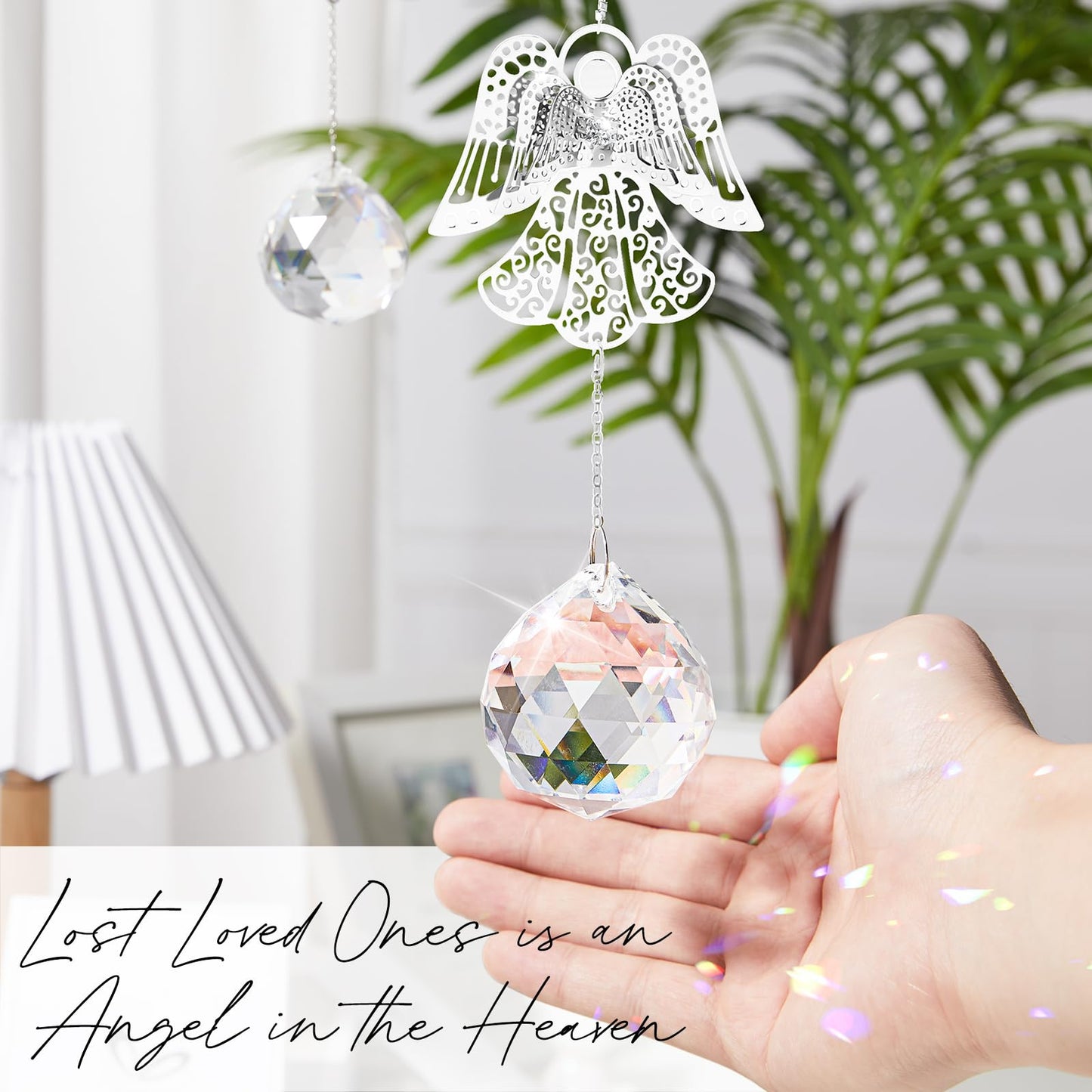 Elivida Memorial Modern Sympathy Gift for Loss of Mom - 3D Angel Design Grief Hanging Ornament With 40mm Clear Crystal Ball Rainbow Maker - Bereavement Idea for Women