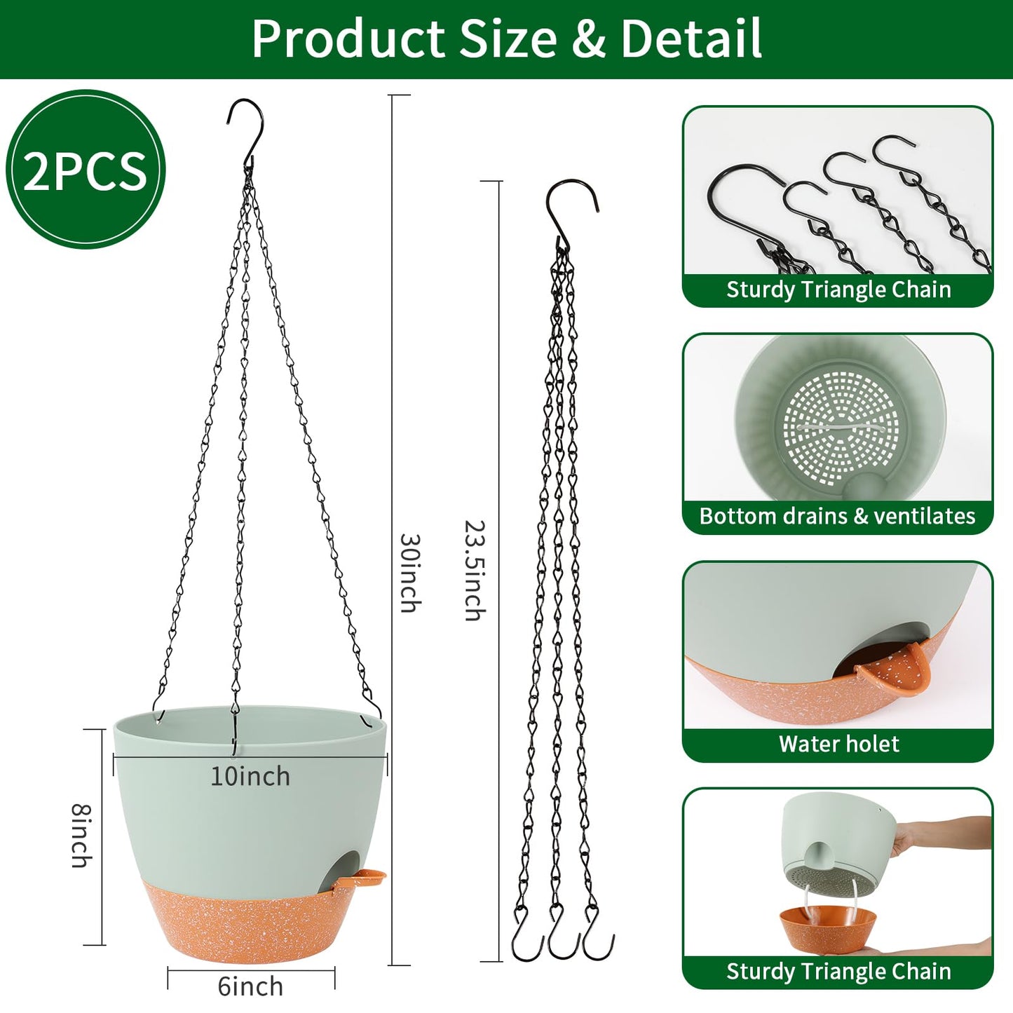 GARDIFE Hanging Planter, 10 inch Hanging planters for Indoor. Outdoor Plants, Self Watering Plant Pot, 2 Pack Large self Watering Hanging Planter, Green