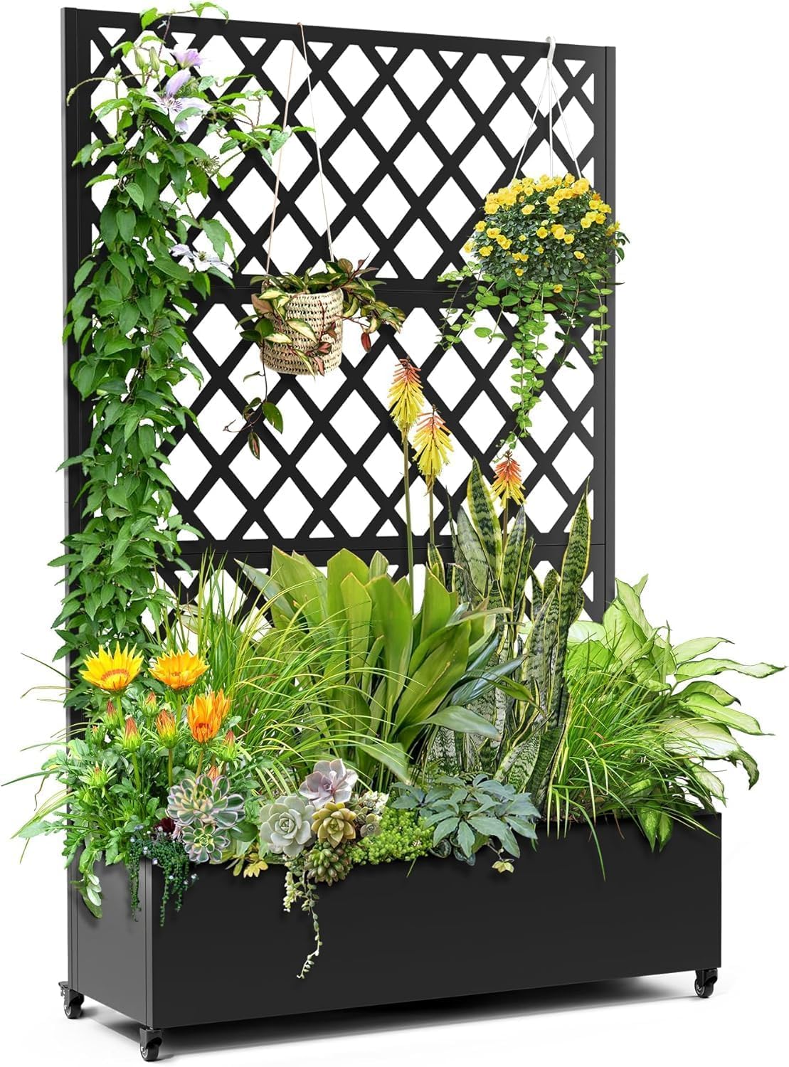 IDEAHOUSE Steel Raised Garden Bed w/Trellis & Privacy Screen - 71x46x16 in Planter Box w/Lockable Casters, Drainage Holes for Vines, Vegetables on Patio, Deck, Yard, Black