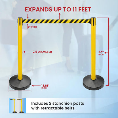 Crowd Control Warehouse Set of 2 Stanchion Retractable Belt Barriers, 11 Foot Black & Yellow Belt Barrier with 40” Yellow Posts, Premium Barriers with Heavy Duty Concrete Base, CCW Series RBB-100