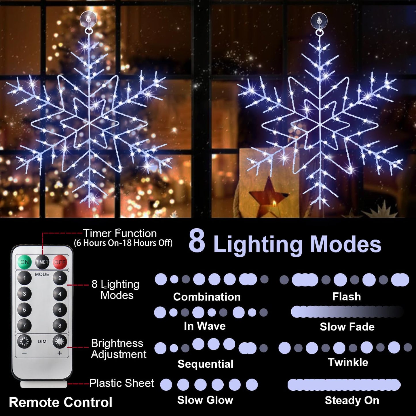 Christmas Window Lights Decorations, 2 Packs 14" Cool White Snowflake Lights with 8 Lighting Modes Remote Control Timer, USB Powered for Home Xmas Party Decor