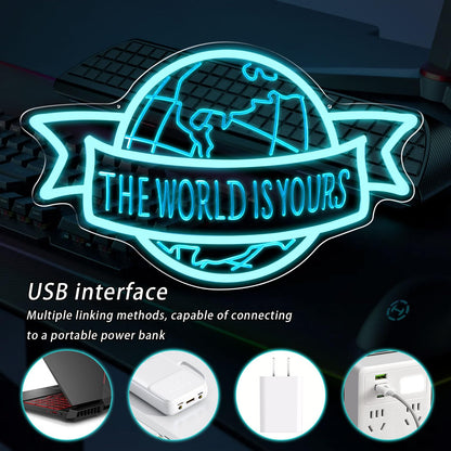 The World Is Yours Neon Sign Motivational Blue LED Neon Light for Classroom, Bedroom Man Cave Wall Decor Dimmable, Unique Birthday Christmas Gift for Kids, Teens, Adults