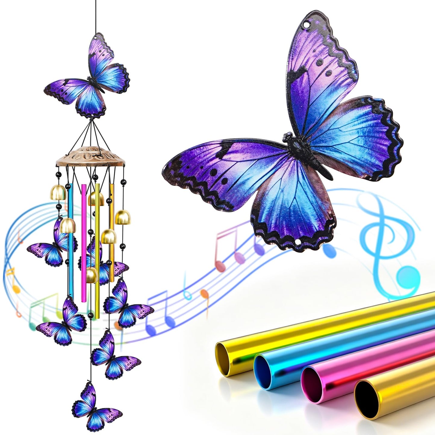 VeyFolzin.st 35" Wind Chimes for Outside, Hand-Tuned Aluminum Windchimes with 6 Bells & Butterfly Decor, Rustproof Metal Chimes for Garden Patio Porch, Sympathy Memorial Gift for Mom Women(Butterfly)