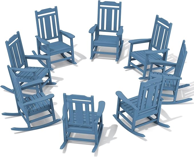 SERWALL Outdoor Rocking Chair Blue Set of 8, All Weather Patio Rocking Chair, HDPE Poly Rocking Chair for Adults, Heavy Duty Front Porch Rocker