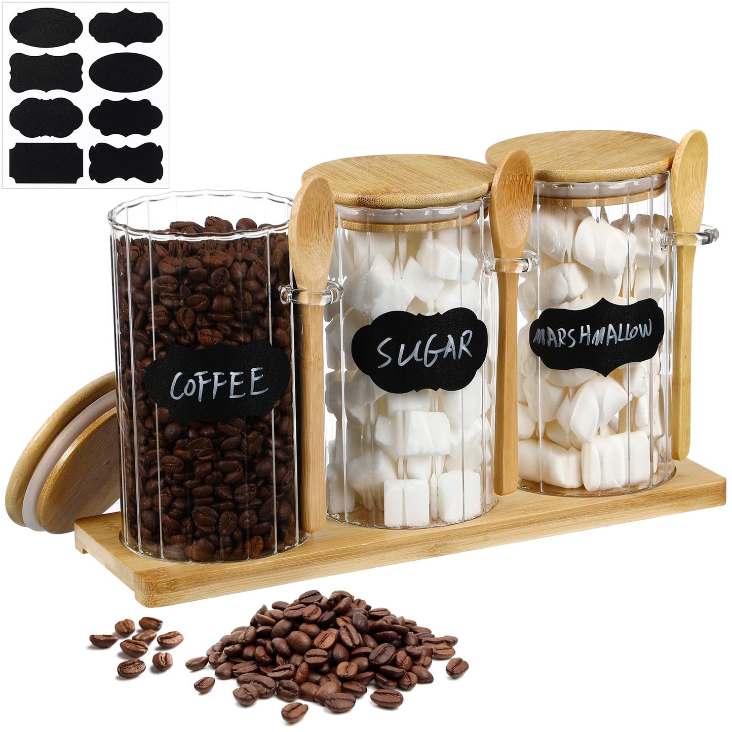 Yiyiring Set of 3 Glass Coffee Container with Bamboo Lids Spoons Labels 25 oz Clear Airtight Jar Food Storage Canister Set for Coffee Tea Sugar Decorative Countertop Organization Jars(Light Wood)