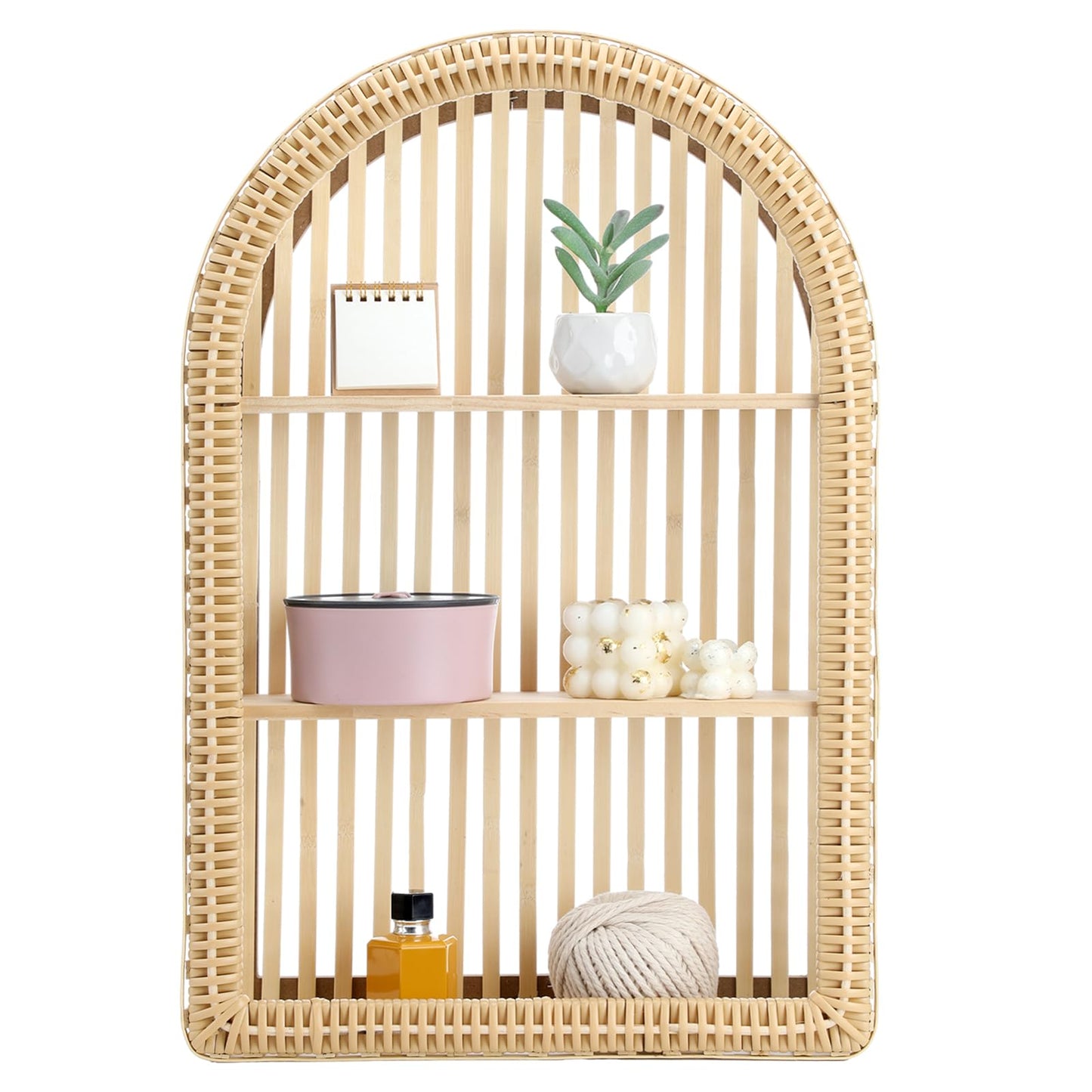 Vercraft Rattan Wall Shelf 3 Tier Boho Wall Mounted Shelf 23.62" x 15.75" Farmhouse Handcraft Bamboo Arched Floating Shelves for Living Room Home Bedroom Storage Decor