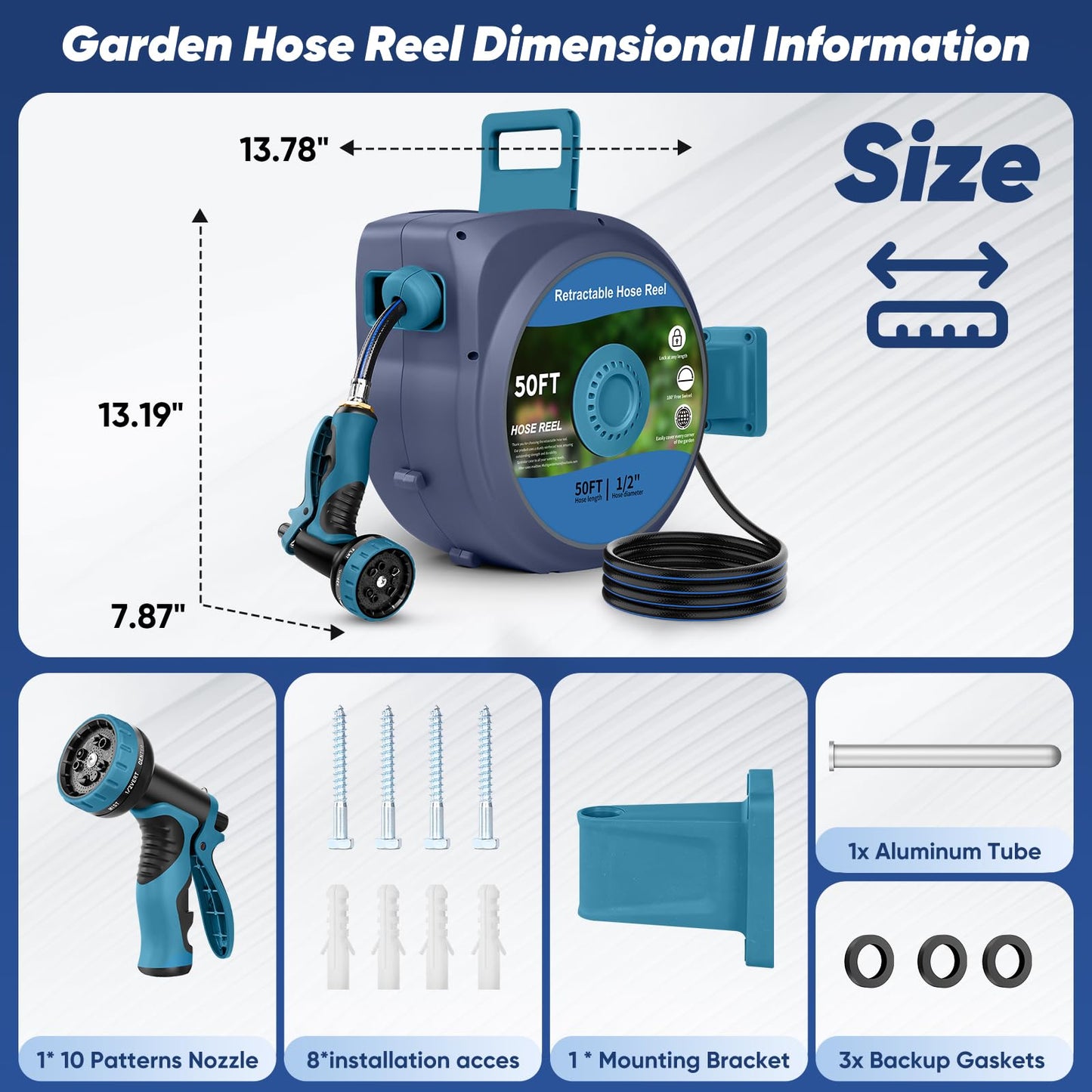 Tuzoc Retractable Garden Hose, Heavy Duty Wall-Mounted Hose Reel with 180° Swivel Bracket, Automatic Slow Return System with 10 Function Nozzle, Any Length Lock for outside Watering,Cleaning（50ft）