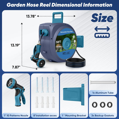 Tuzoc Retractable Garden Hose, Heavy Duty Wall-Mounted Hose Reel with 180° Swivel Bracket, Automatic Slow Return System with 10 Function Nozzle, Any Length Lock for outside Watering,Cleaning（50ft）