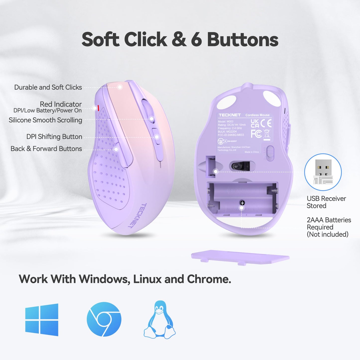 TECKNET Wireless Mouse, 2.4G Ergonomic Optical Mouse, Computer Mouse for Laptop, PC, Computer, Chromebook, Notebook, 6 Buttons, 24 Months Battery Life, 2600 DPI, 5 Adjustment Levels