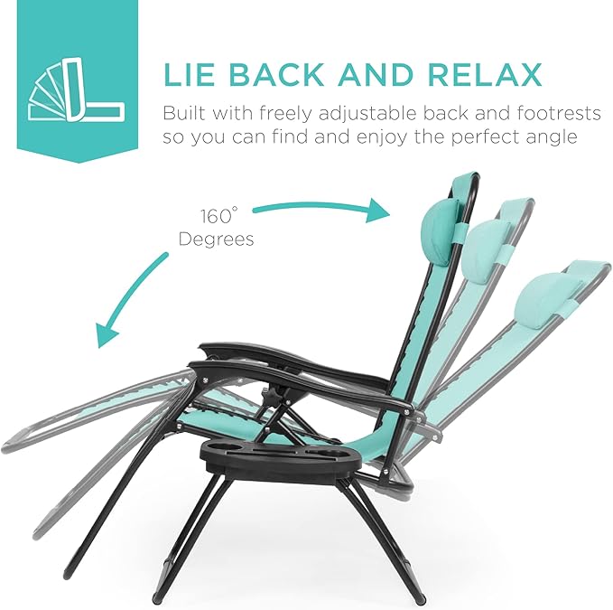 Best Choice Products Set of 2 Adjustable Steel Mesh Zero Gravity Lounge Chair Recliners w/Pillows and Cup Holder Trays - Mint