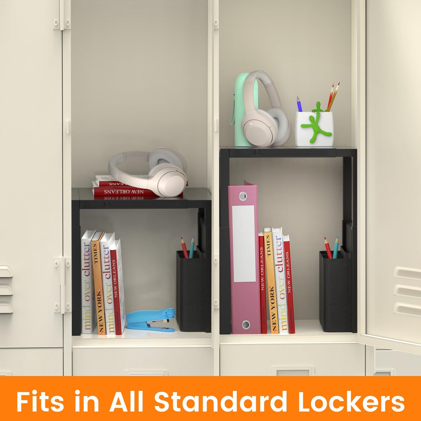 Locker Organizer Shelf, Metal Adjustable Width and Height, Ideal Locker for School, Office, and Gym Lockers, Extends Locker Storage Organization with Pockets, Black