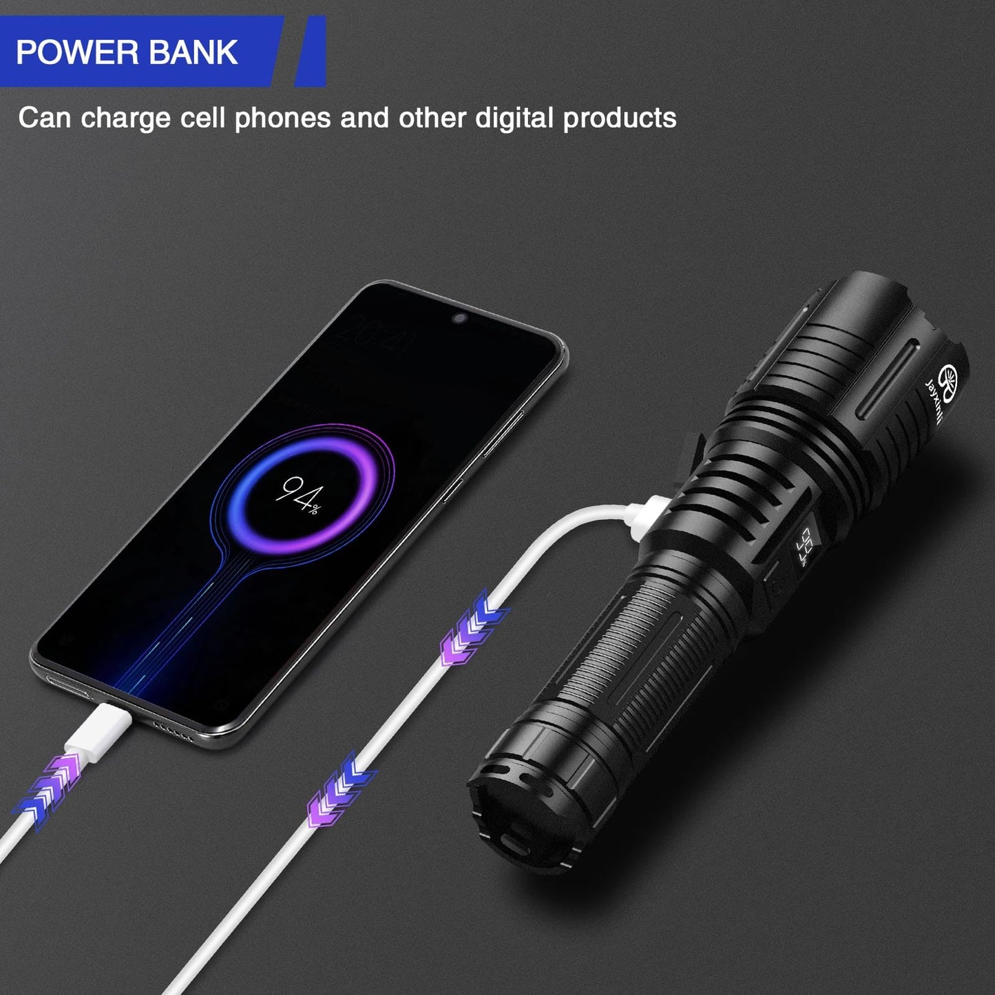 Torches LED Super Bright 500000 Lumen Rechargeable with LCD Power Display and 5000 mAh, Zoomable, IP67, Powerful, 5 Light Modes, High Power Torch for Camping, Hiking, Dog Walking