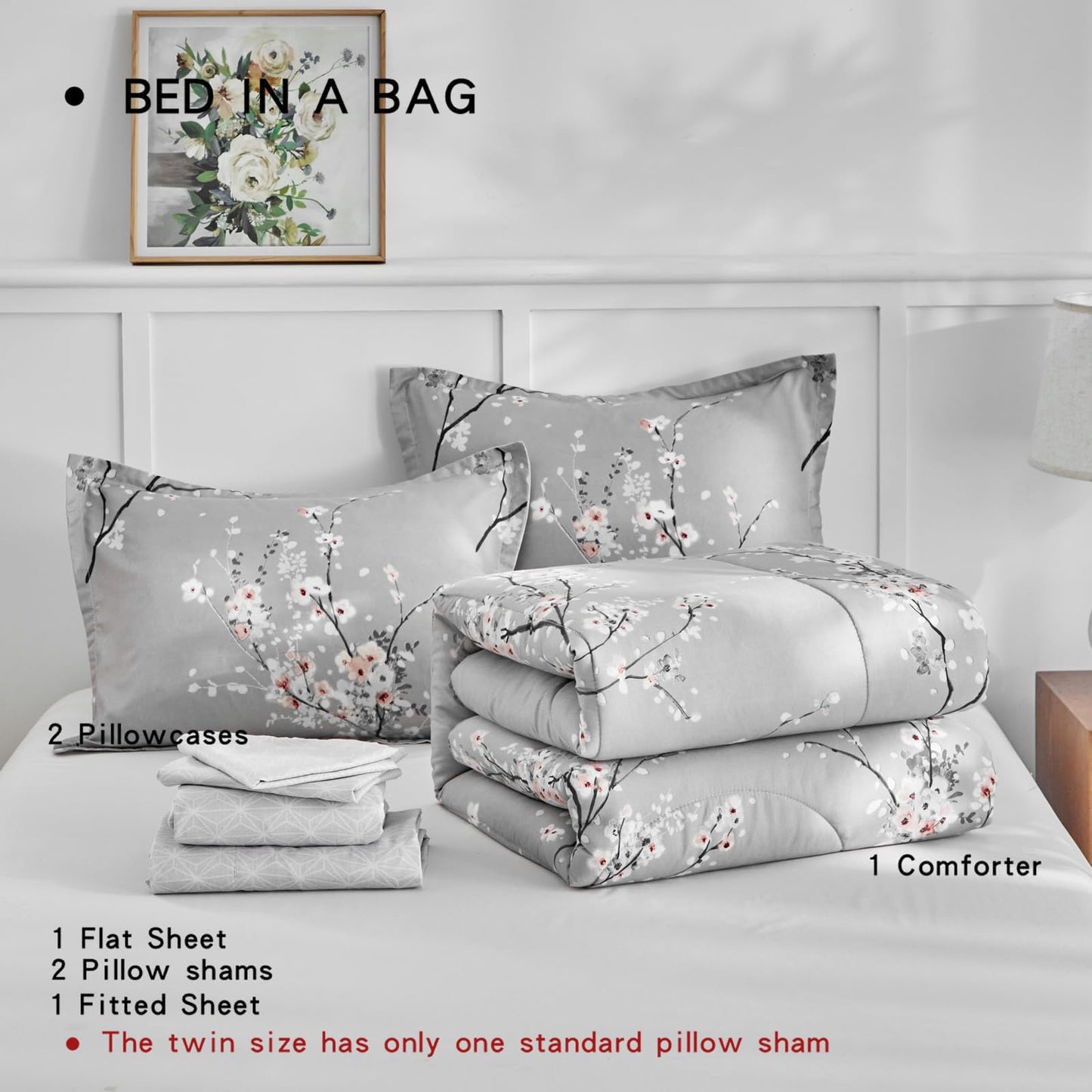 AIKASY Bed in a Bag 7 Pieces King Size - Floral Print - Soft Microfiber, Reversible Bed Comforter Set (1 Comforter, 2 Pillow Shams, 1 Flat Sheet, 1 Fitted Sheet, 2 Pillowcases)（Grey, King）