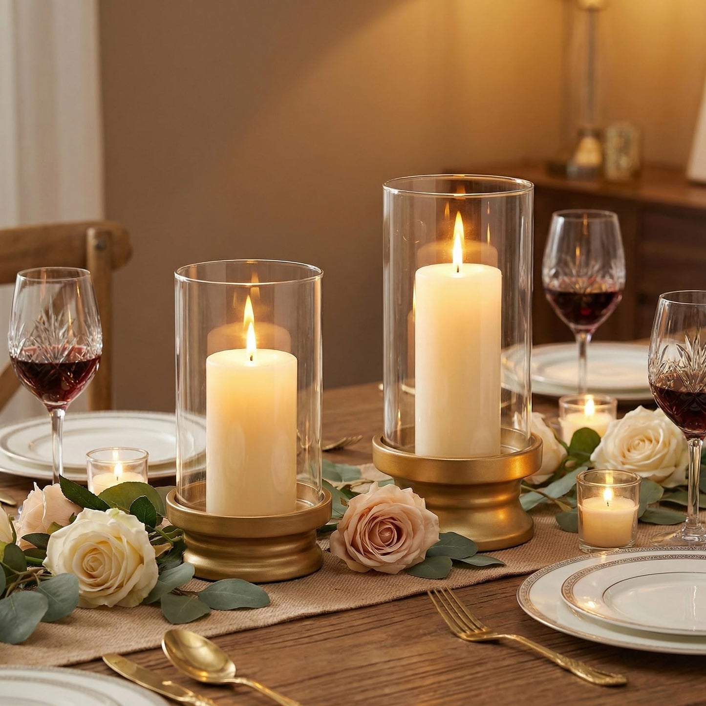 Gold Hurricane Candle Holders Set of 2 with Glass - Modern Pillar Candle Stands for Fireplace Mantel, Dining Table Centerpiece & Home Decor, 7.1" & 9" High