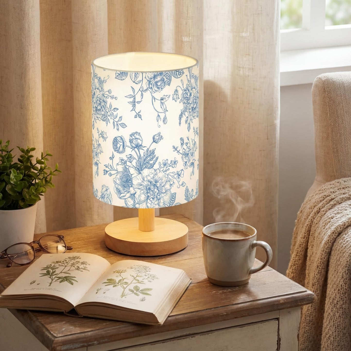 VIHOSE Blue Floral Kids Table Lamp for Bedroom Kids Bedside Lamp with Linen Wooden Nightstand Cartoon Nursery Lampshade for Girls Boys Living Room