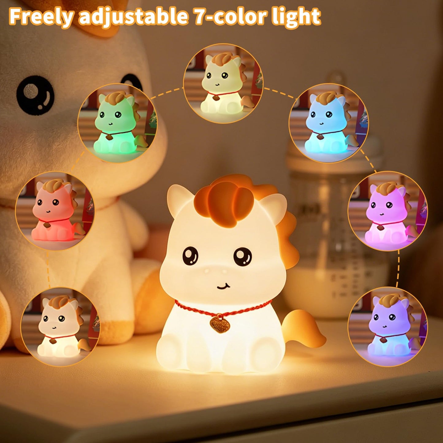 Yesinaly Rechargeable Silicone Cute Pony Night Light for Kids - Dimmable Touch Lamp for Nursery, Bedroom | Cute Baby Toddler Nightlight, Year of The Horse Gift (2026)