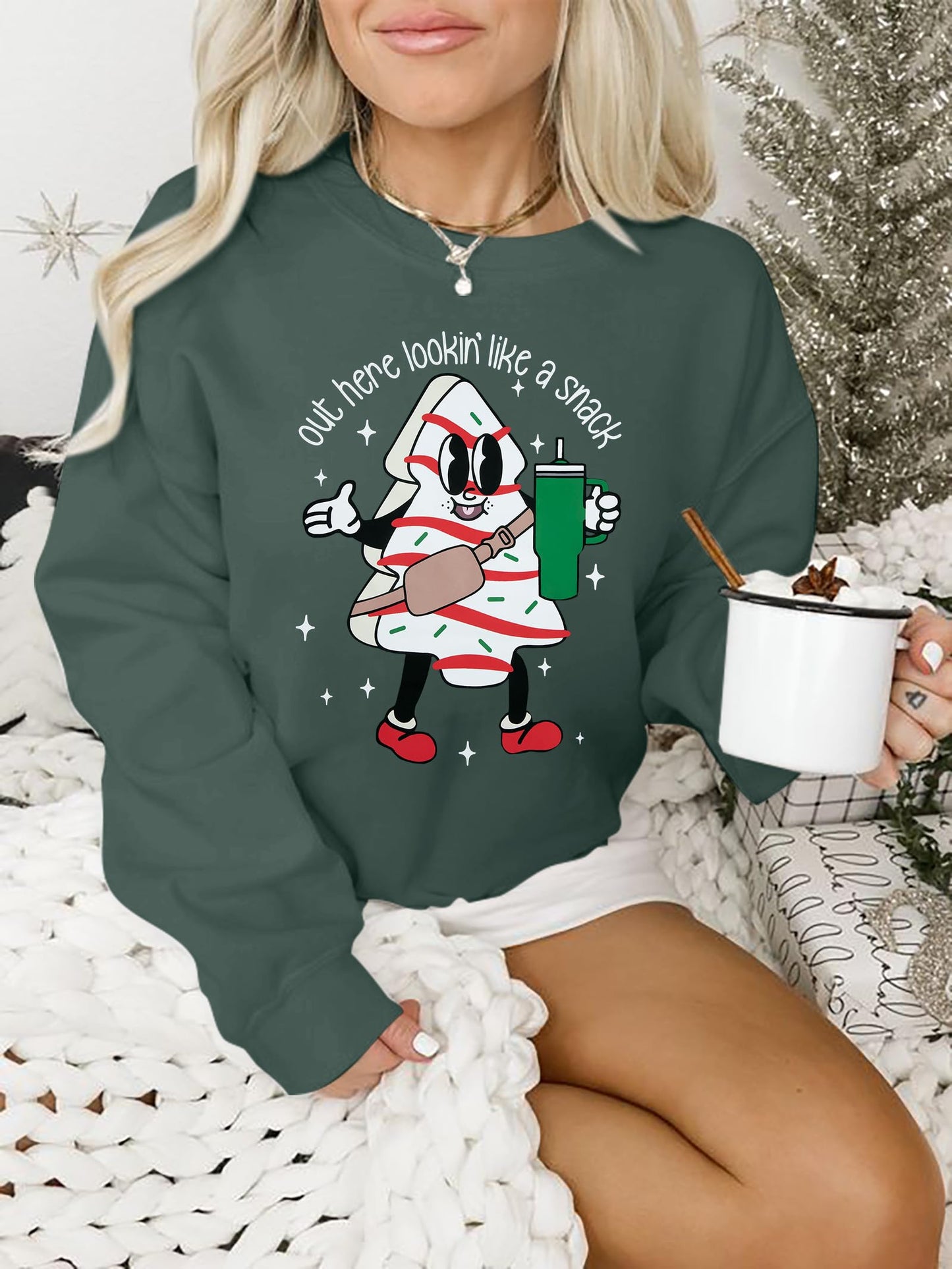 FASHGL Christmas Sweatshirt Women Out Here Looking Like A Snack Shirt Farm Christmas Tree Pullover Casual Xmas Holiday Top Green