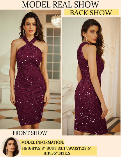 GRACE KARIN Sequin Dress for Women Evening Party Club Prom Dress Dark Red for Christmas Velvet Sequin S