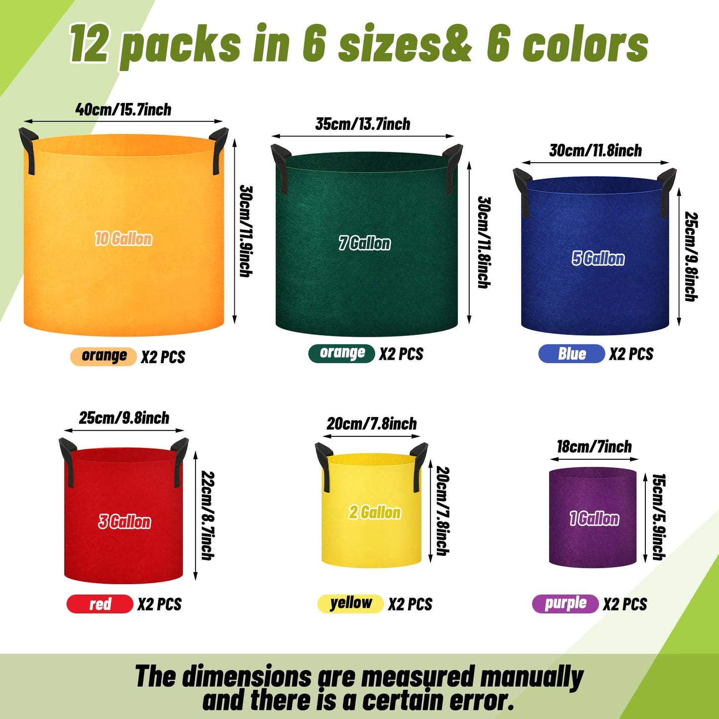 FillTouch 12 Pcs Colorful Plant Grow Bags Non Woven Fabric Pots with Handles 10 7 5 3 2 1 Gallon Garden Planting Bag for Vegetables Flowers
