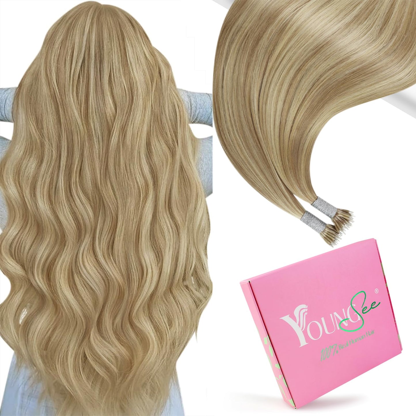 YoungSee Nano Beads Hair Extensions Blonde 14inch Nano Hair Extensions Warm Ash Blonde Highlights Bleach Blonde Nano Ring Hair Extension Highlight for Women Cold Fusion Short Straight 50s 50g