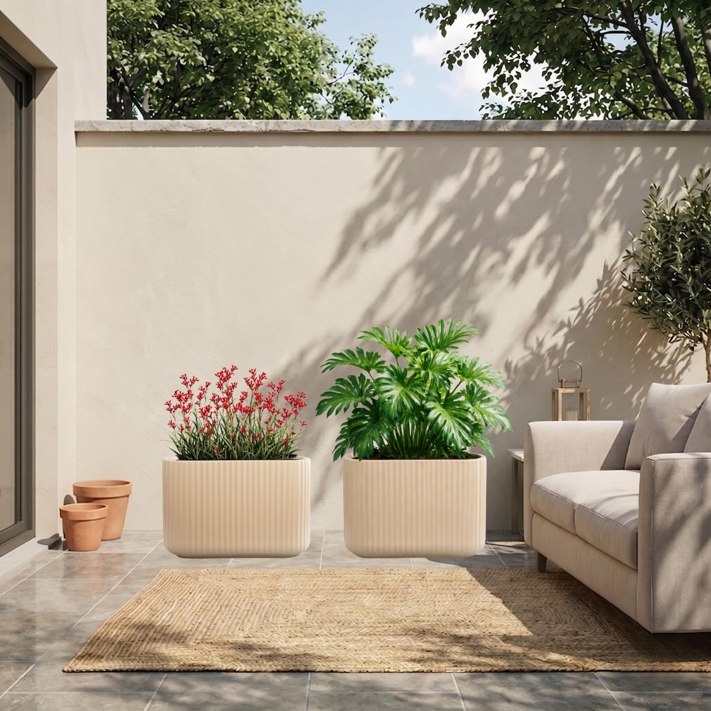 Wil & Vic 89s 15" H x 24" L Sirius Fiberglass Planter, Round Indoor and Outdoor Plant Pot with Drainage Hole, Lightweight, Durable Minimalist Home, Included Extra Coco Mats, Taupe