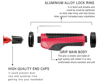 TOPCABIN Ergonomic Bicycle Grips - Widen Holding Rubber Handlebar Grips with Aluminum LockGrips for Mountain & Road Bikes (Knife Style, Red/Black Aluminum Lock Plug, 1 Pair)