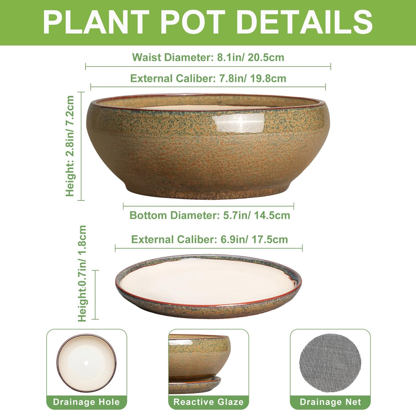 SQOWL Succulent Pots - 8 Inch Ceramic Bonsai Pots, Round Shallow Planter with Drainage Hole and Saucer, Succulent Indoor Planter, Bowl Planters Outdoor, Apartment Decor, Gifts for Women, Brown
