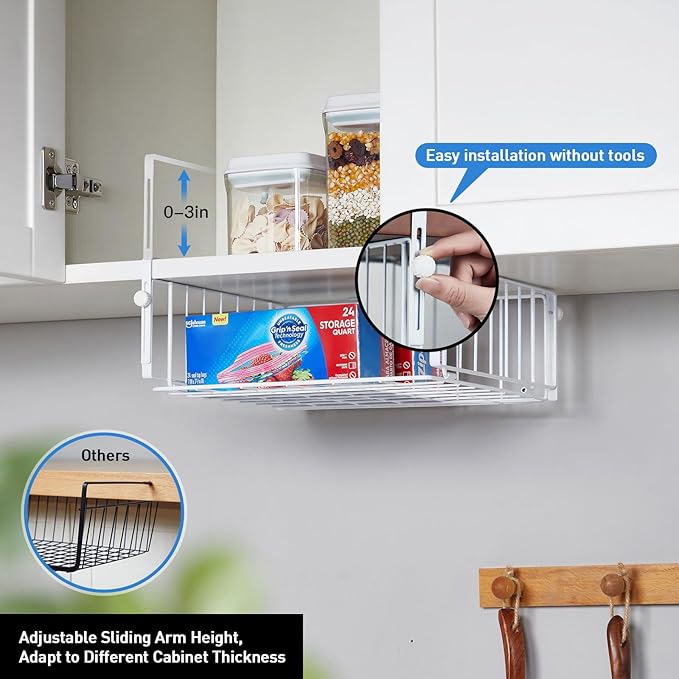 2 Pack Hanging Under Shelf Storage Basket, Adjustable Under Cabinet Add-on