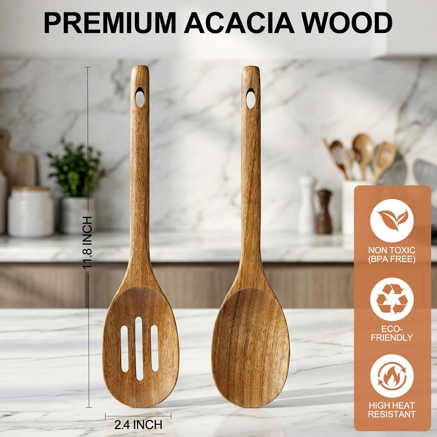 Large Wooden Spoons for Cooking Utensil Set Big Mixing Serving Slotted Spoons Acacia Wood Cooking Spoon Set Non Toxic Spatula for Kitchen Bamboo Kitchen Utensils Long Handle Stirring Spoon Spatulas