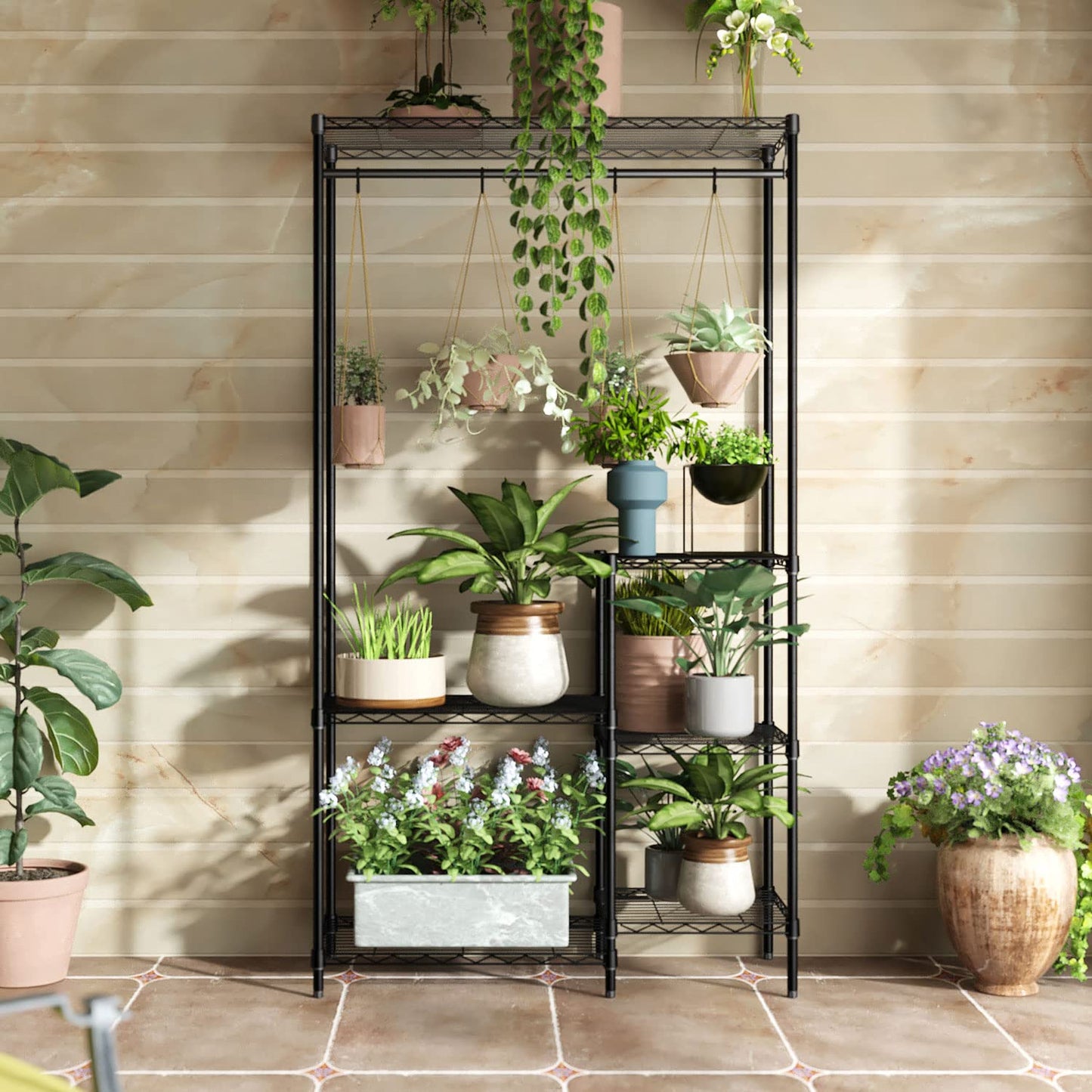 Xiofio Plant Stands for for Indoor Outdoor, Heavy Duty Metal Plant Stand,large Plant Shelf,Adjustable Plant Shelves With Hanging Rod for Living Room,Balcony,Garden,Black
