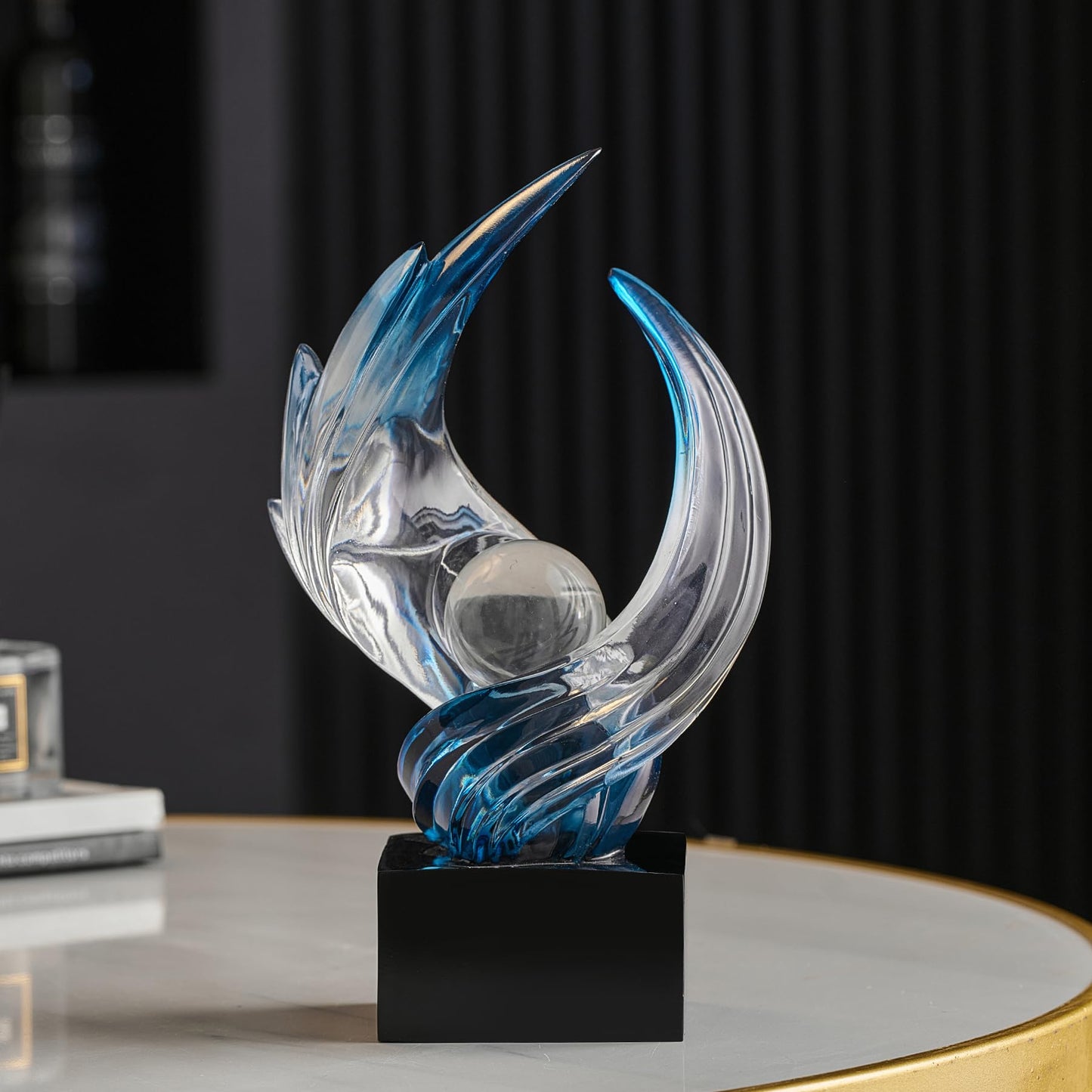 Modern Abstract Resin Sculpture, 11" H x 5.1" W Transparent Navy Blue Art Statue for Home Decor, Office Desk Living Room Bookshelf TV Stand Centerpiece Decorations, Unique Gift Idea