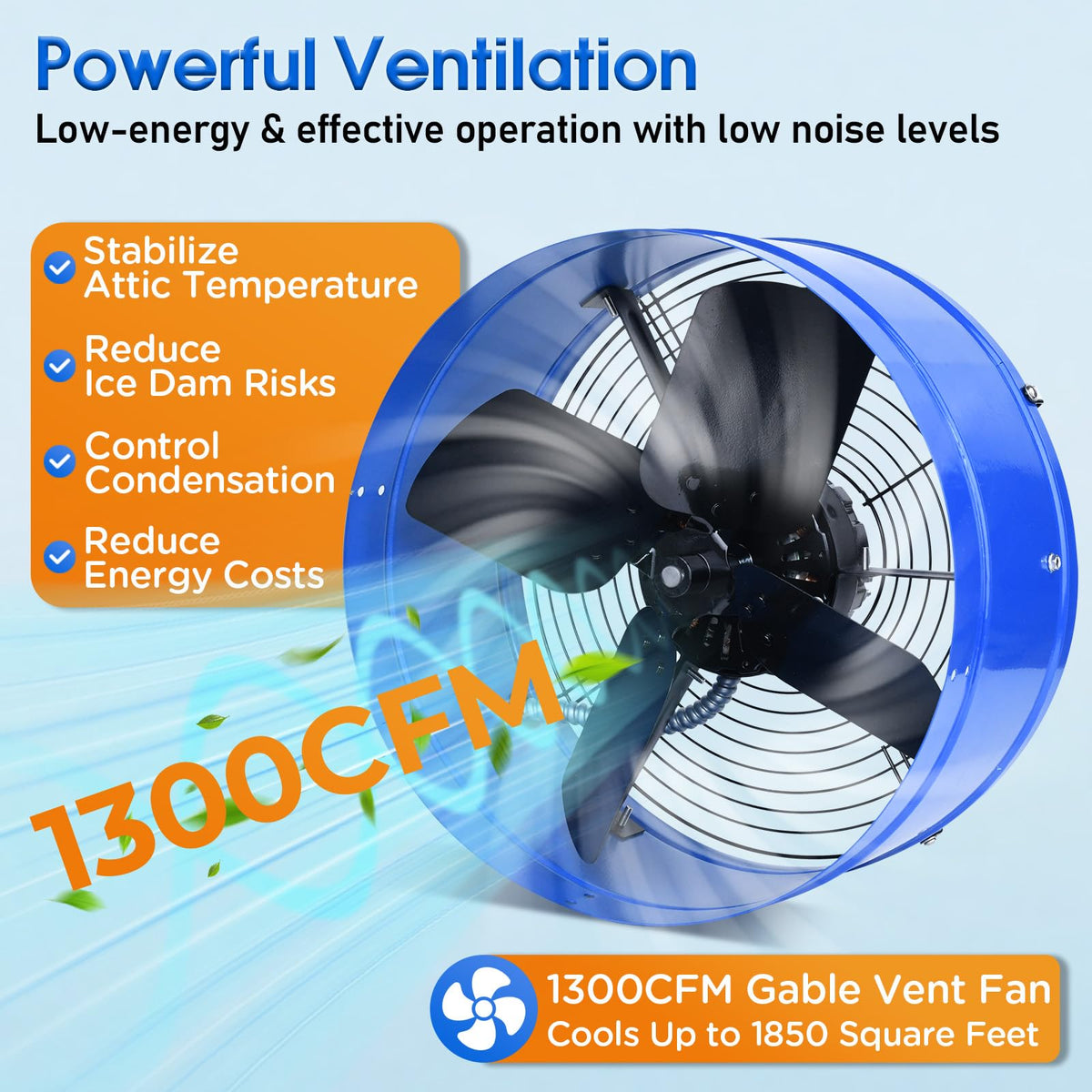 15" Attic Exhaust Fan with Thermostat - 1300CFM Gable Vent Fan with Thermostat Covers 1850 Sq.ft, Plug-and-Play Gable Attic Fans with 20FT Power Cord & 60Hz Motor Low Noise for Home Garage Shed