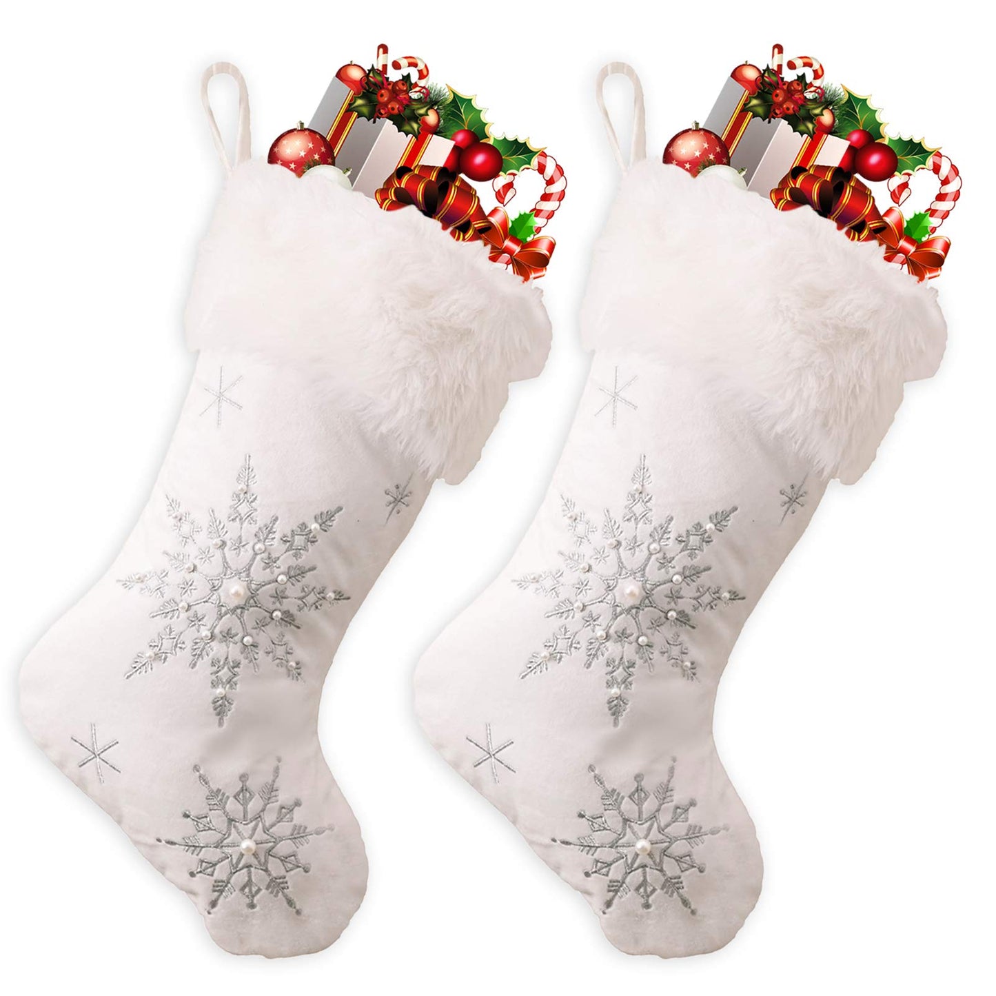 Ushinemi Christmas Stockings Large White Christmas Stocking with Silver Snowflake Cross Stitch, Fur, 2 Pack