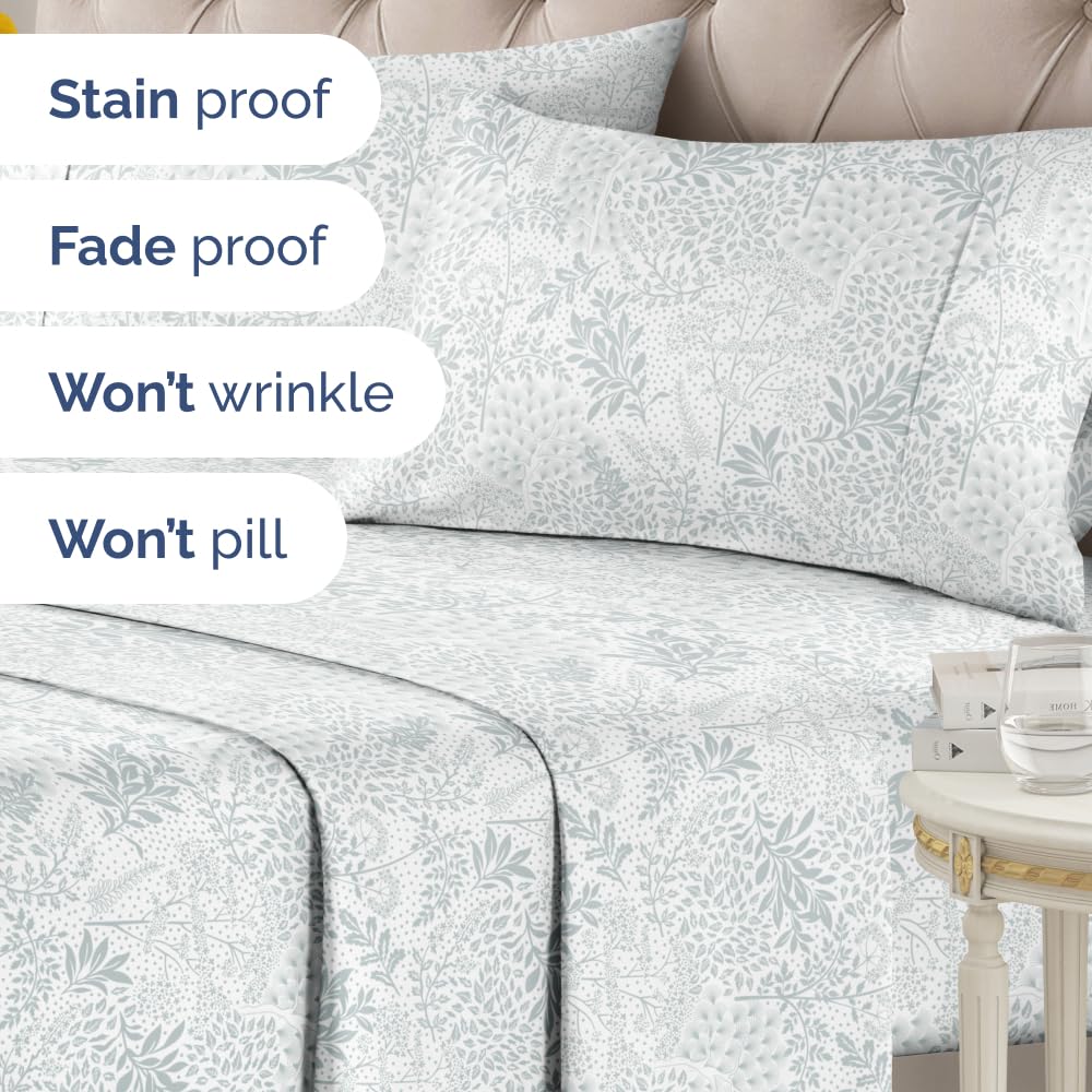 Floral Sheets - Grey Floral Bed Sheet Set - 1 Flat, 1 Fitted & 2 Pillowcases w/ Deep Pockets - Comfy, Wrinkle & Fade Free - Boho Botanical Bedding - Ultra-Soft, Breathable & Cooling - King Size