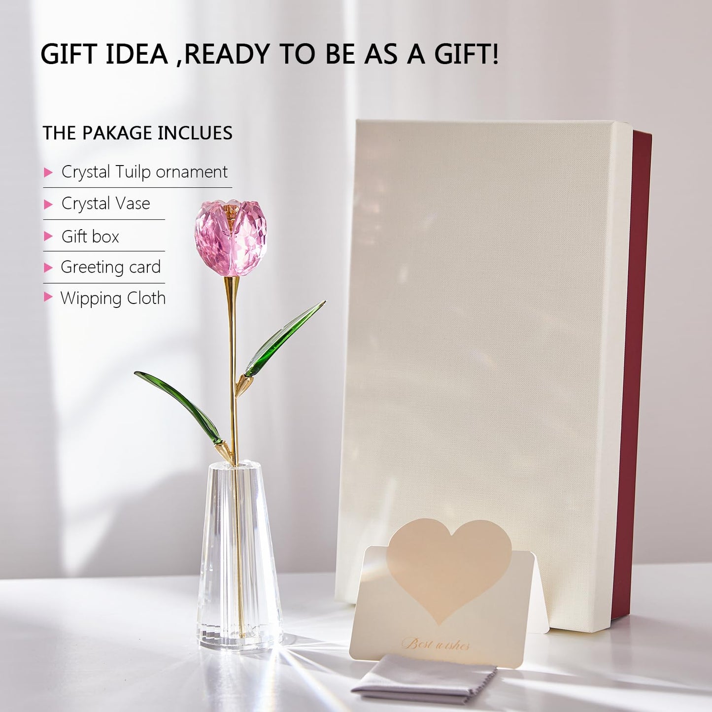 RONG KRISTO Crystal Tulip Collectible Figurines Glass Flower with Vase Artificial Flowers Home Decor Gift for Women Mom（Pink）