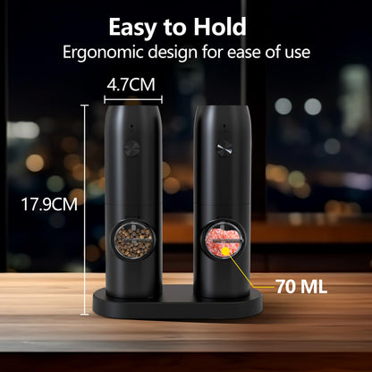 Electric Salt and Pepper Grinder Set, Rechargeable Pepper Grinder with Charger Tray, USB Cable, One Hand Operation, Adjustable Coarseness with Ceramic Grinder (Set of 2,Black)