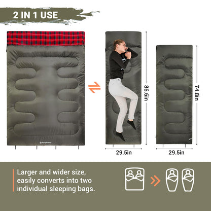 KingCamp Double Sleeping Bag for Adults, Queen Size 2 Person XXL Flannel Sleeping Bag, Waterproof Lightweight Flannel Quilt with 2 Pillows, Perfect for Couples Family Camping Hiking, Green