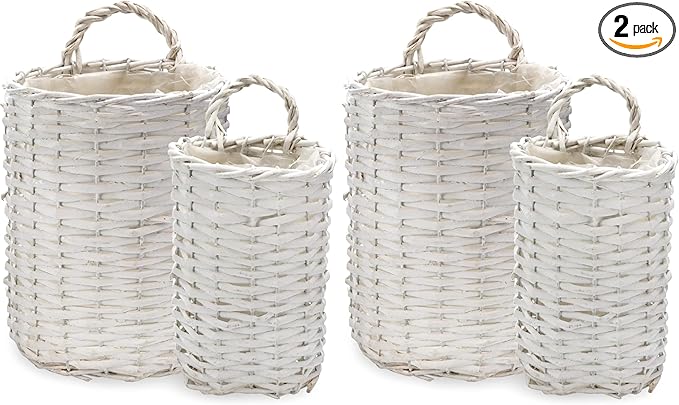 AuldHome Design Wall Hanging Baskets; Woven WIcker Rustic Farmhouse White